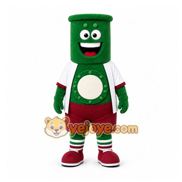 Green Cylindrical Robot Mascot Costume for Events and Promotions