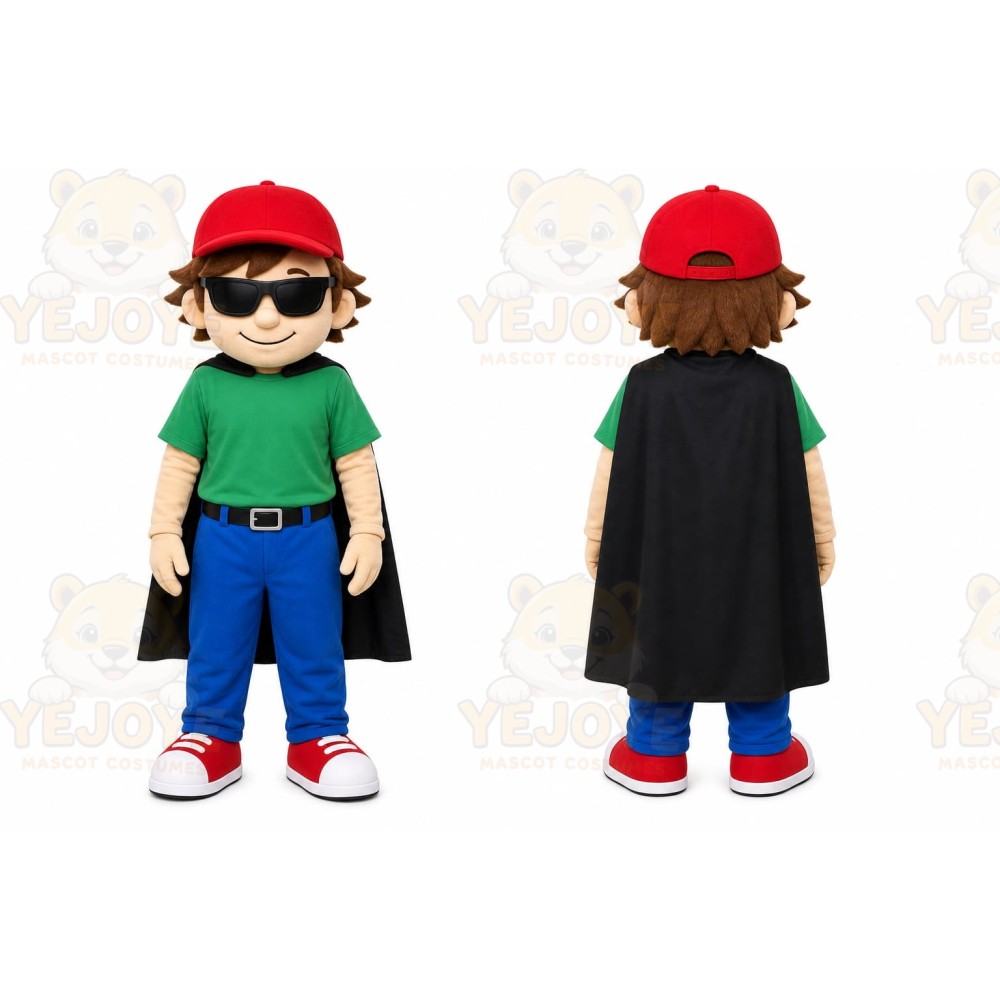 Green Boy With Cap And Cape Mascot Costume for Events and Promotions
