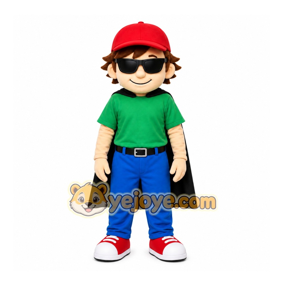 Green Boy With Cap And Cape Mascot Costume for Events and Promotions Green Boy With Cap And Cape Mascot Costume for Events and Promotions