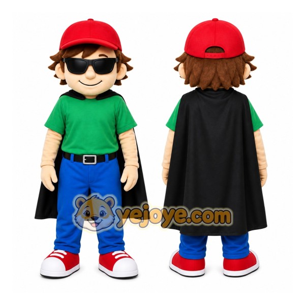 Green Boy With Cap And Cape Mascot Costume for Events and Promotions