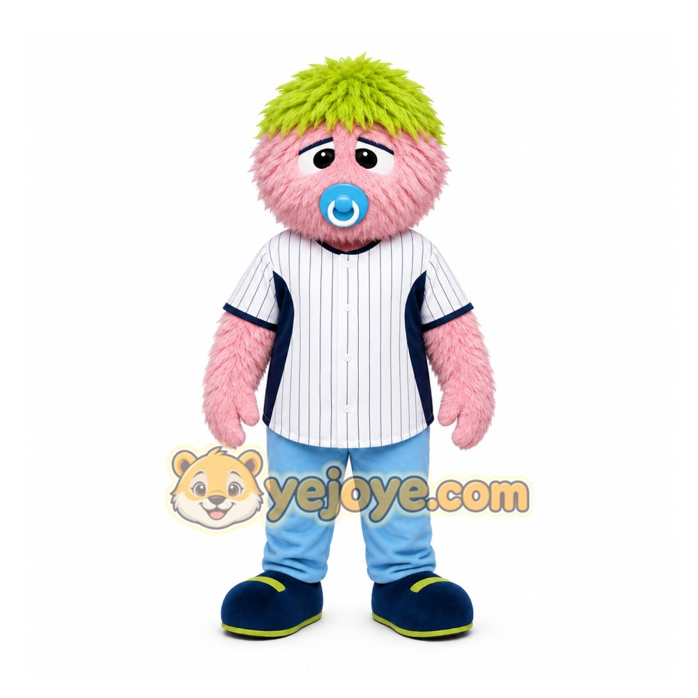 Pink Furry Baby Creature With Green Hair Mascot Costume for Events and Promotions