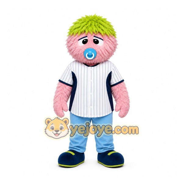 Pink Furry Baby Creature With Green Hair Mascot Costume for Events and Promotions