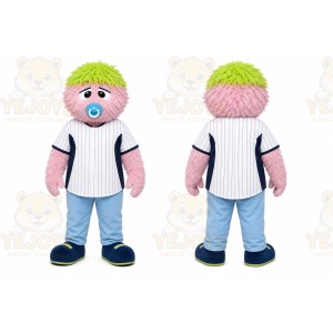 Pink Furry Baby Creature With Green Hair Mascot Costume for Events and Promotions
