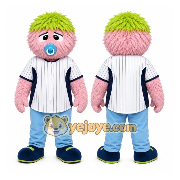 Pink Furry Baby Creature With Green Hair Mascot Costume for Events and Promotions