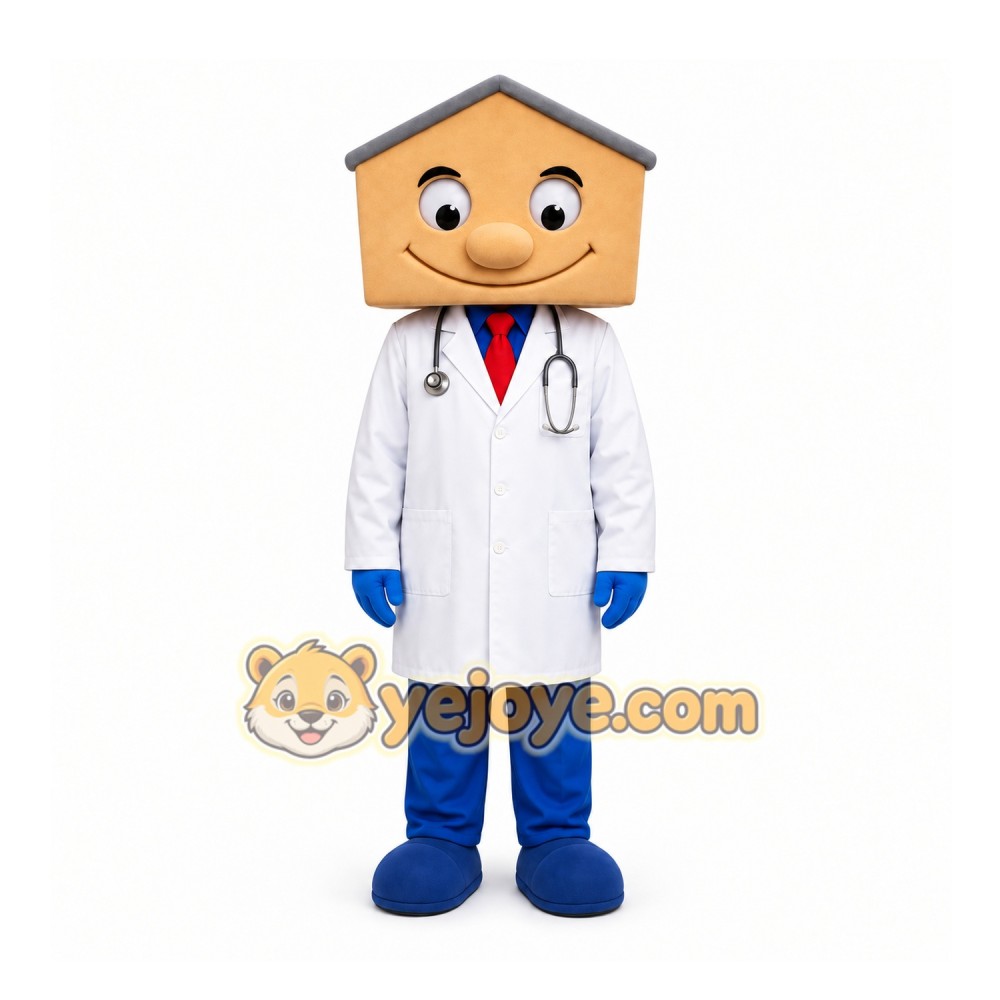Tan House Head Doctor Mascot Costume for Corporate Events Tan House Head Doctor Mascot Costume for Corporate Events