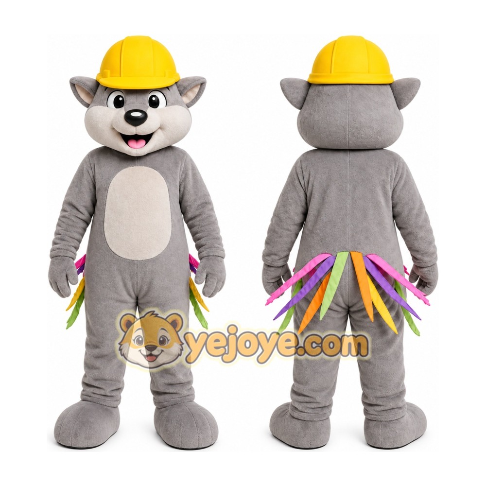 Gray Wolf With Construction Hat Mascot Costume for Events and Promotions Gray Wolf With Construction Hat Mascot Costume for Events and Promotions