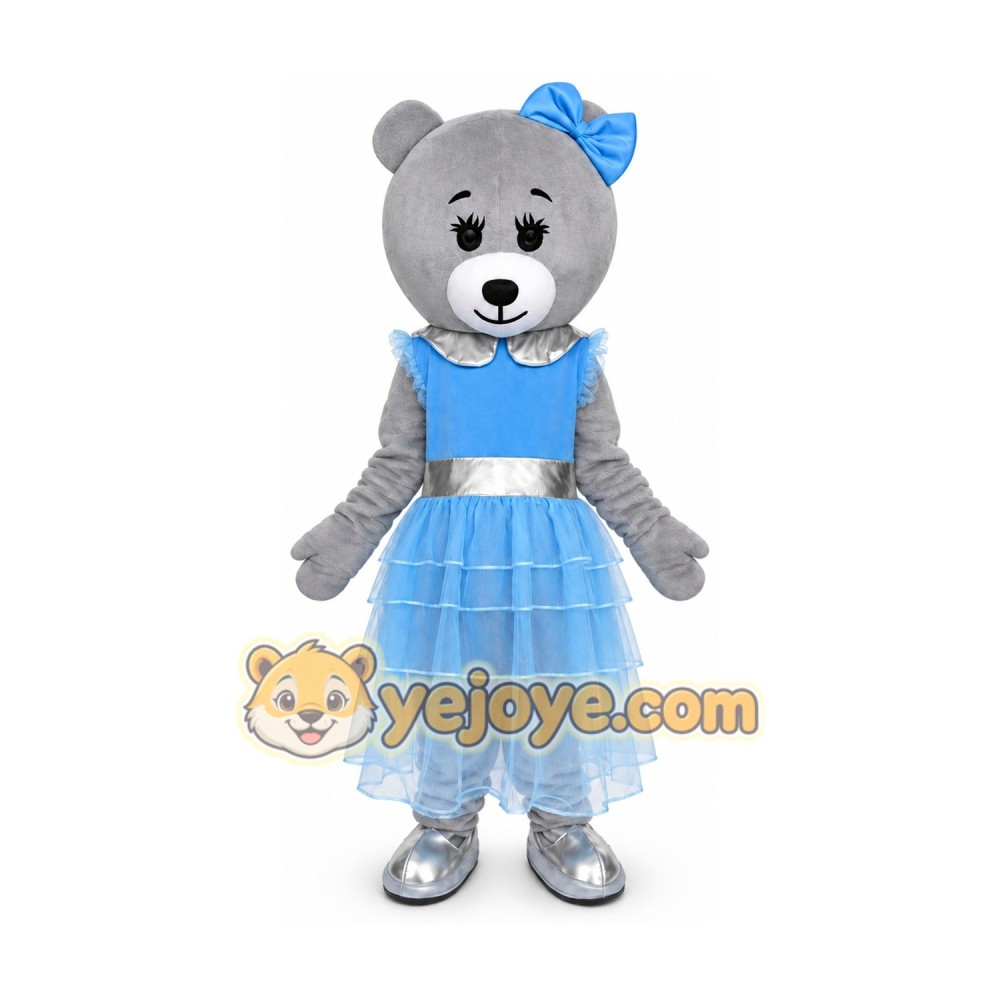 Grey Teddy Bear Mascot Costume with Blue Dress Grey Teddy Bear Mascot Costume with Blue Dress