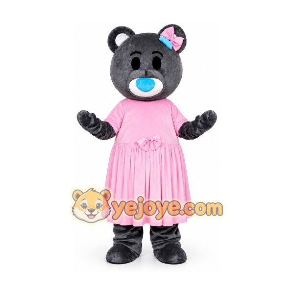 Grey Teddy Bear Mascot Costume with Pink Dress