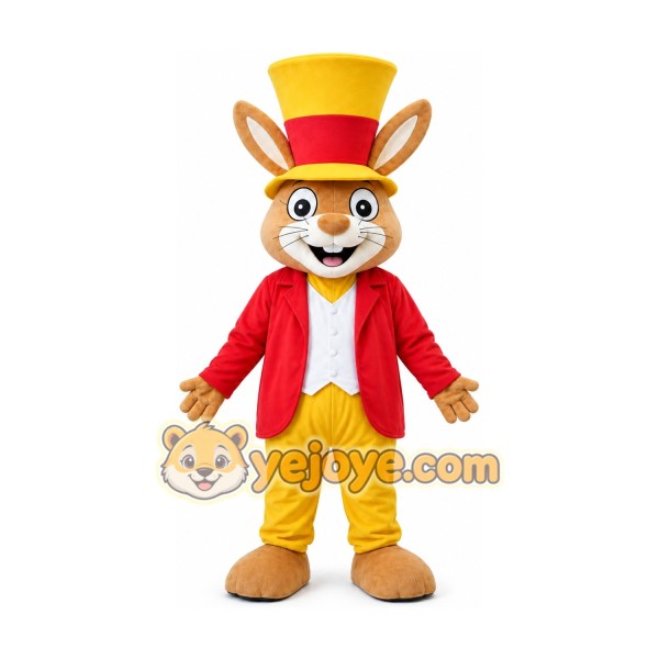 Brown Rabbit in Yellow Top Hat Mascot Costume