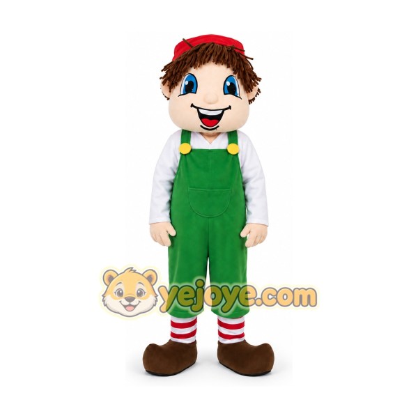 Cartoon Boy in Green Overalls Mascot Costume Cartoon Boy in Green Overalls Mascot Costume