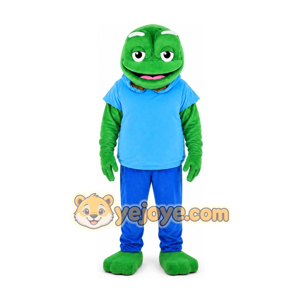 Green Frog in Blue Shirt Mascot Costume Green Frog in Blue Shirt Mascot Costume