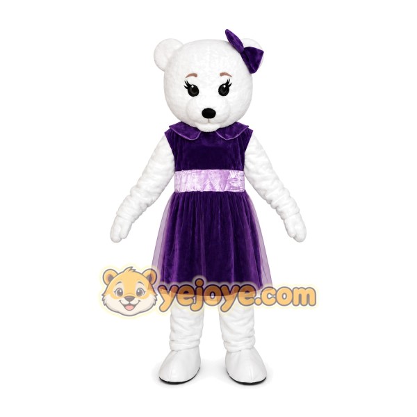 White Teddy Bear Mascot Costume with Purple Dress