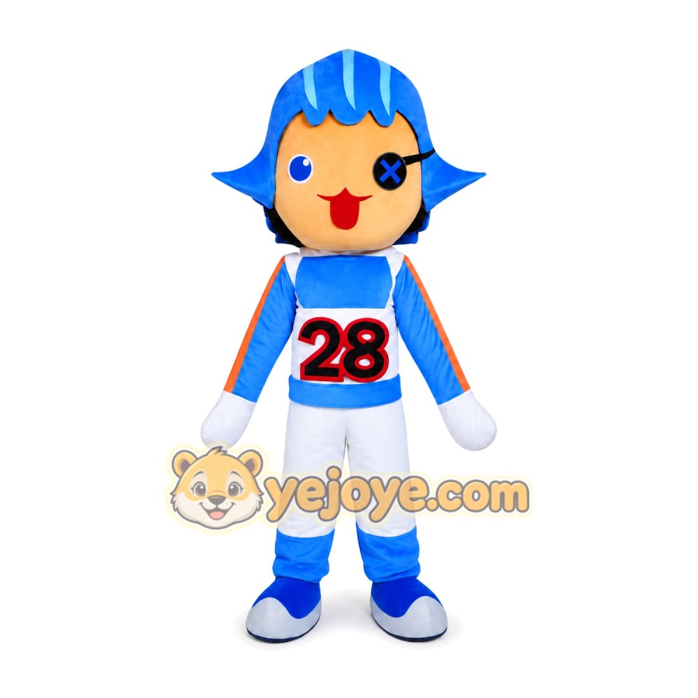 Cartoon Boy in Blue Helmet Mascot Costume Cartoon Boy in Blue Helmet Mascot Costume