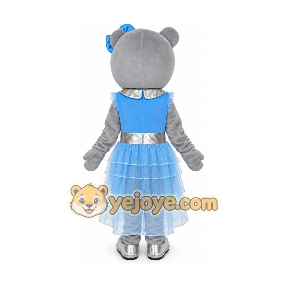 Grey Teddy Bear Mascot Costume with Blue Dress Grey Teddy Bear Mascot Costume with Blue Dress