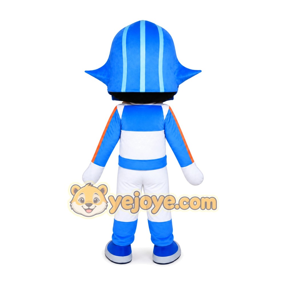Cartoon Boy in Blue Helmet Mascot Costume Cartoon Boy in Blue Helmet Mascot Costume
