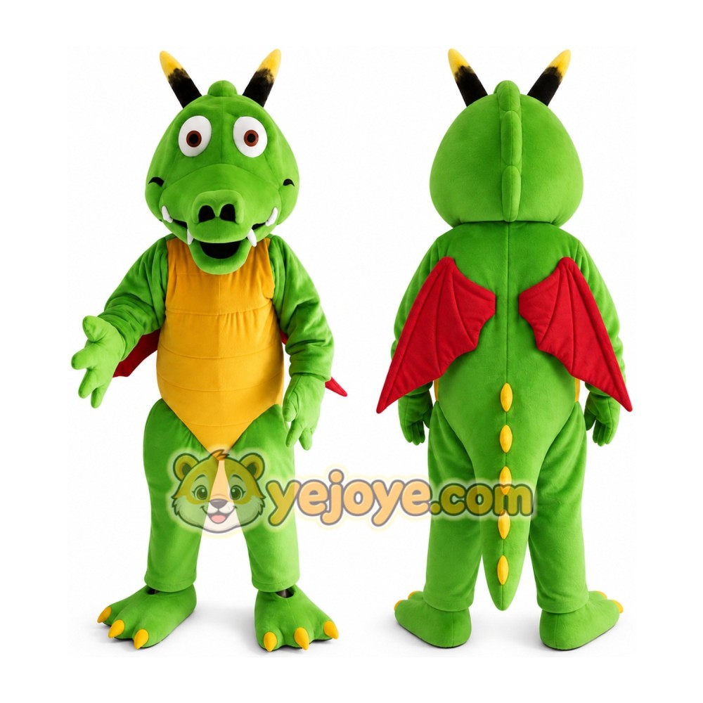Green Dragon with Red Wings Mascot Costume