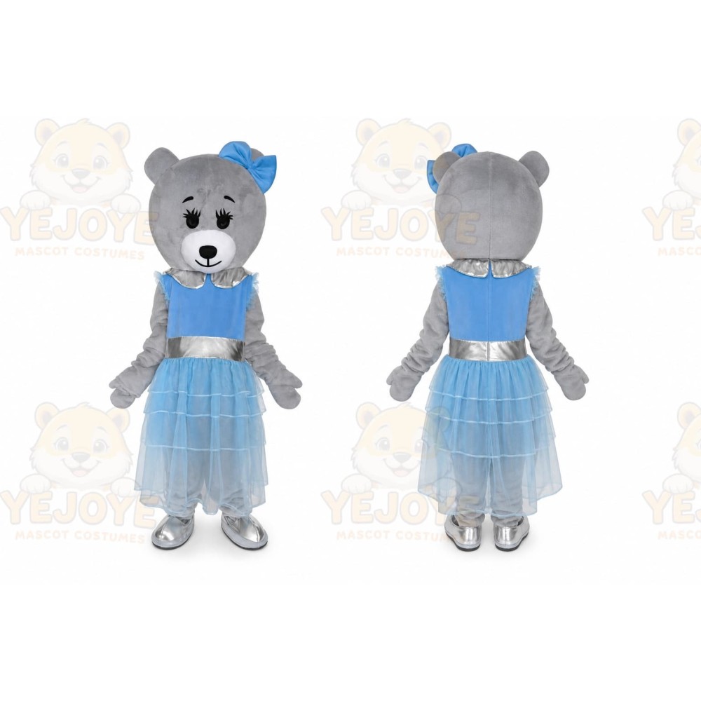 Grey Teddy Bear Mascot Costume with Blue Dress