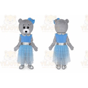 Grey Teddy Bear Mascot Costume with Blue Dress