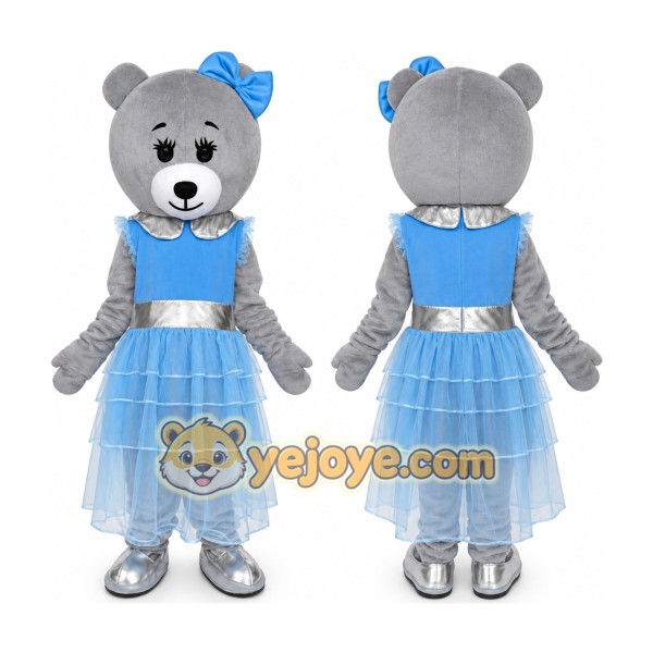 Grey Teddy Bear Mascot Costume with Blue Dress