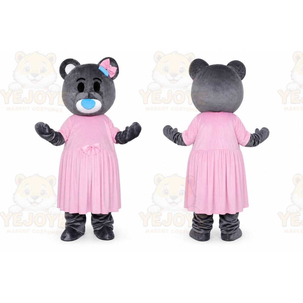 Grey Teddy Bear Mascot Costume with Pink Dress