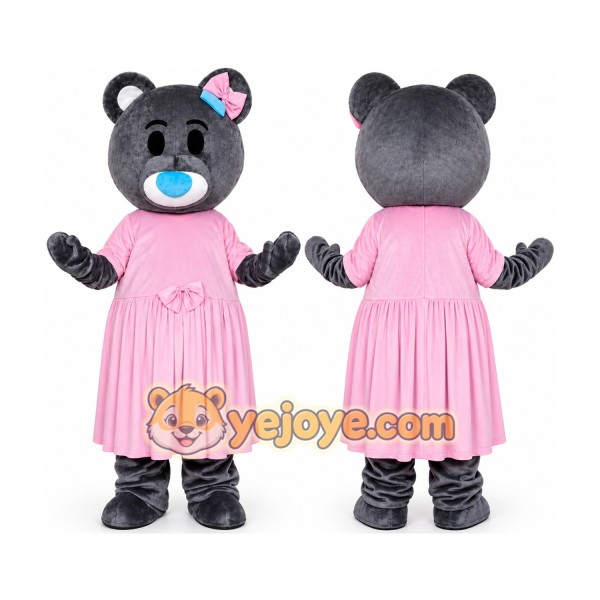 Grey Teddy Bear Mascot Costume with Pink Dress