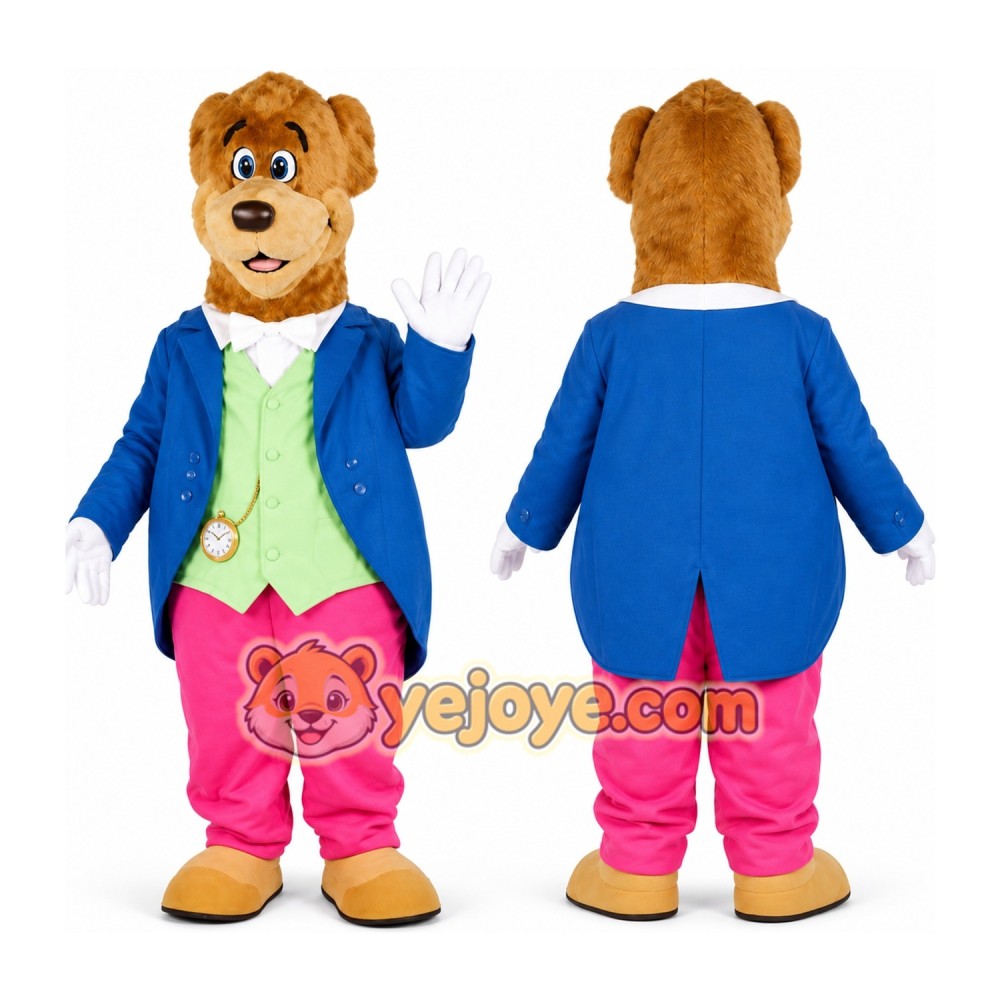 Brown Bear in Blue Coat Mascot Costume Brown Bear in Blue Coat Mascot Costume