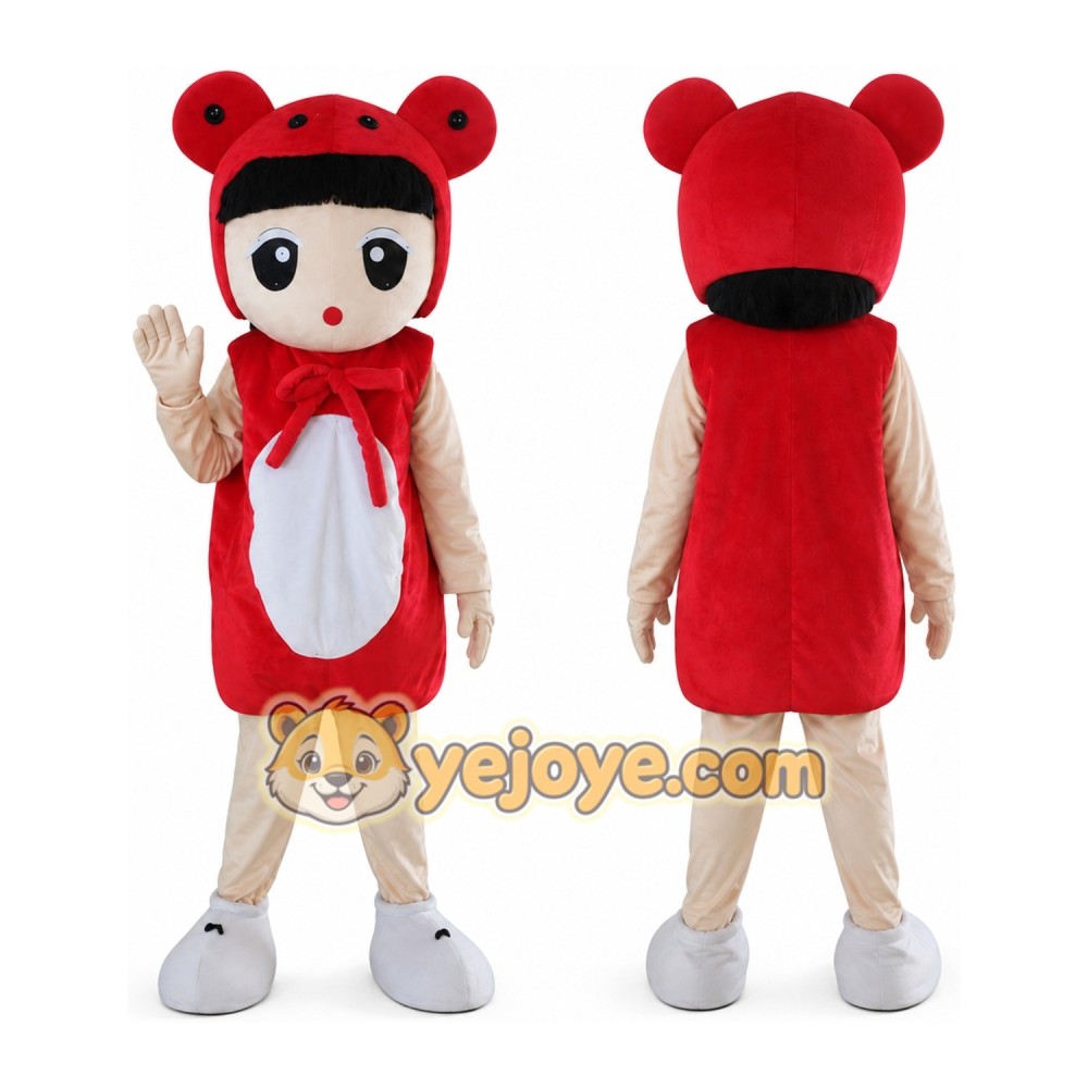 Cartoon Child in Red Animal Hood Mascot Costume Cartoon Child in Red Animal Hood Mascot Costume