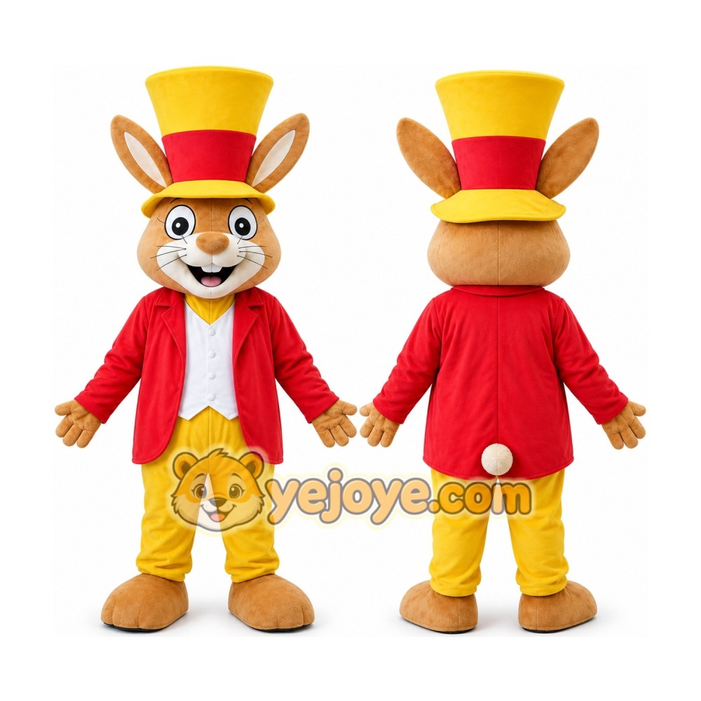 Brown Rabbit in Yellow Top Hat Mascot Costume