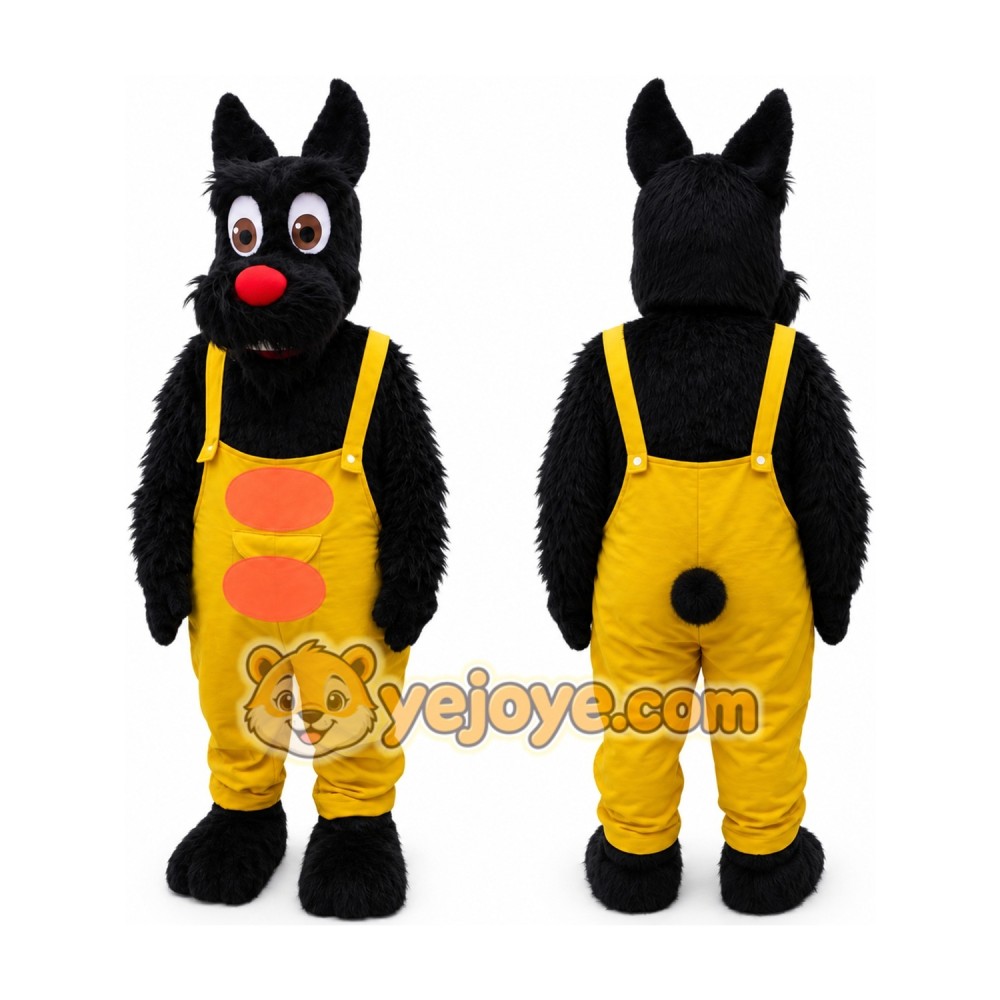 Black Dog in Yellow Overalls Mascot Costume Black Dog in Yellow Overalls Mascot Costume