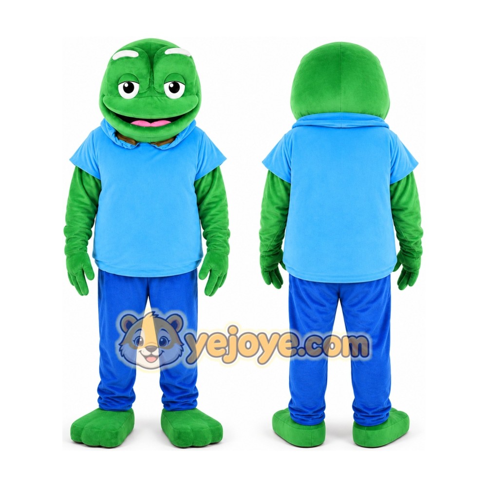 Green Frog in Blue Shirt Mascot Costume Green Frog in Blue Shirt Mascot Costume