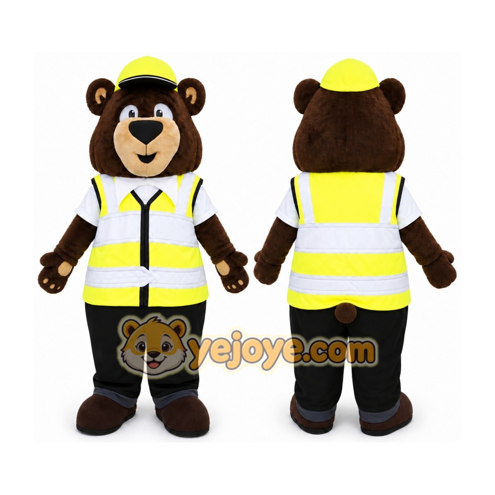 Brown Bear in Safety Vest Mascot Costume Brown Bear in Safety Vest Mascot Costume