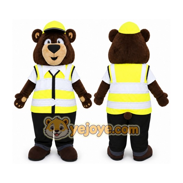 Brown Bear in Safety Vest Mascot Costume