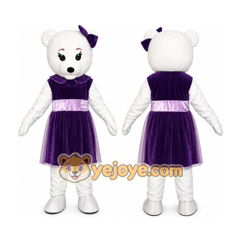 White Teddy Bear Mascot Costume with Purple Dress White Teddy Bear Mascot Costume with Purple Dress