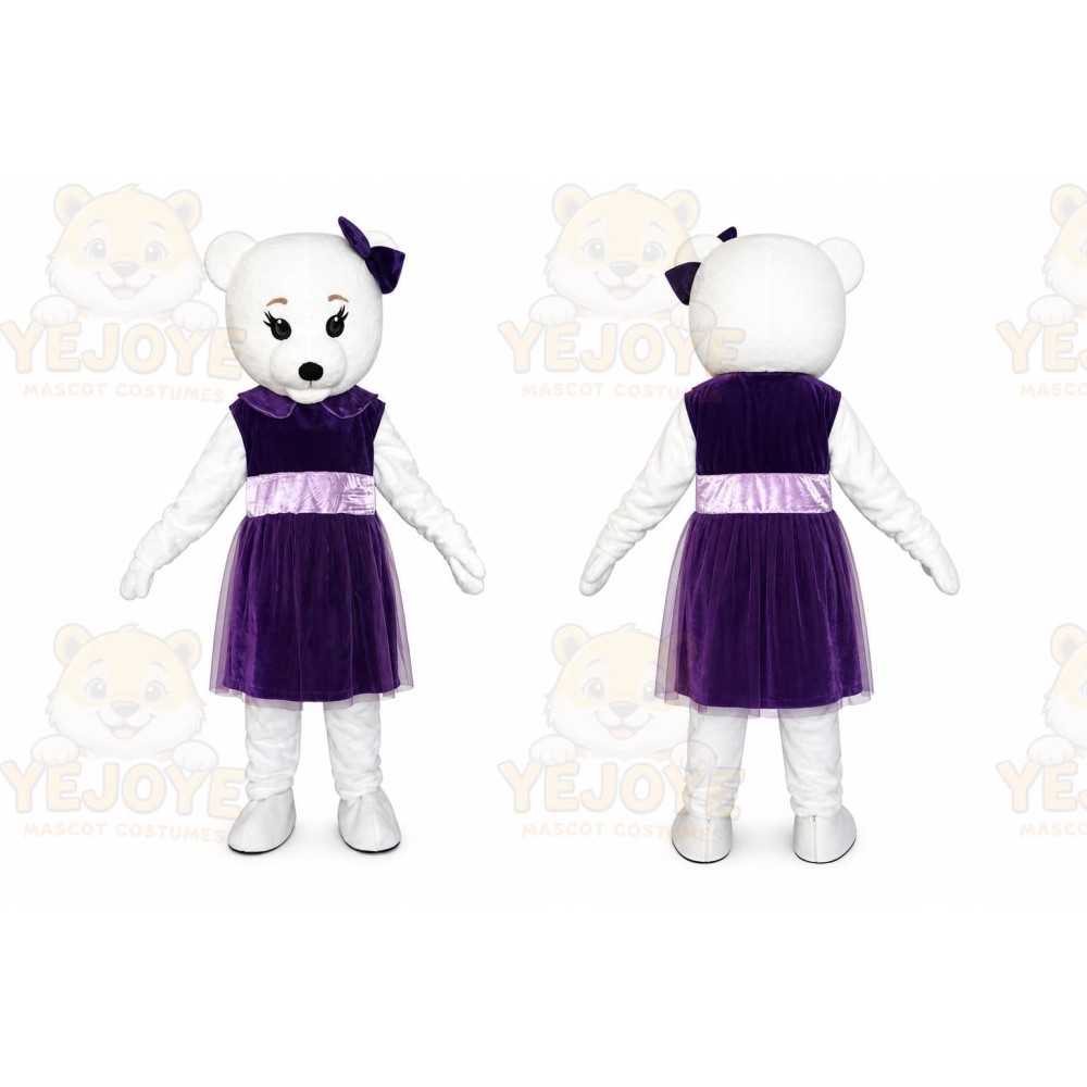 White Teddy Bear Mascot Costume with Purple Dress