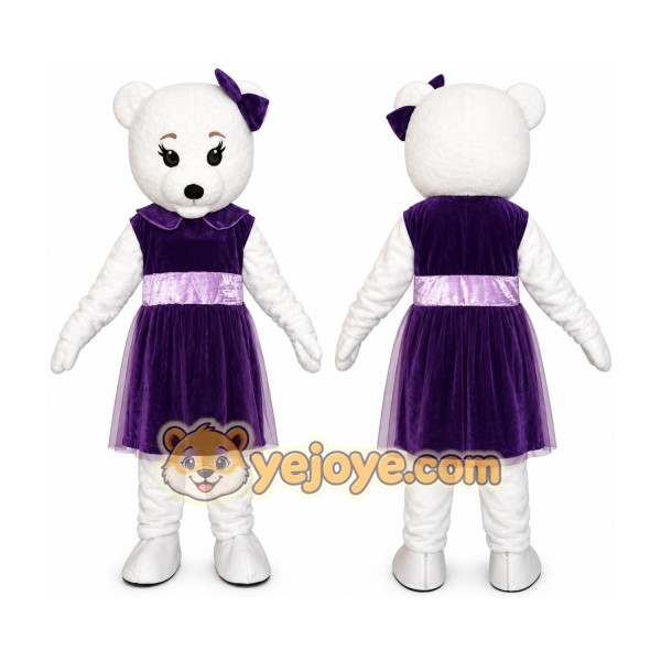 White Teddy Bear Mascot Costume with Purple Dress