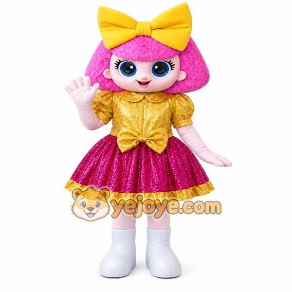 Pink-Haired Doll Girl Mascot Costume for Adults Custom Logo Party Character Suit