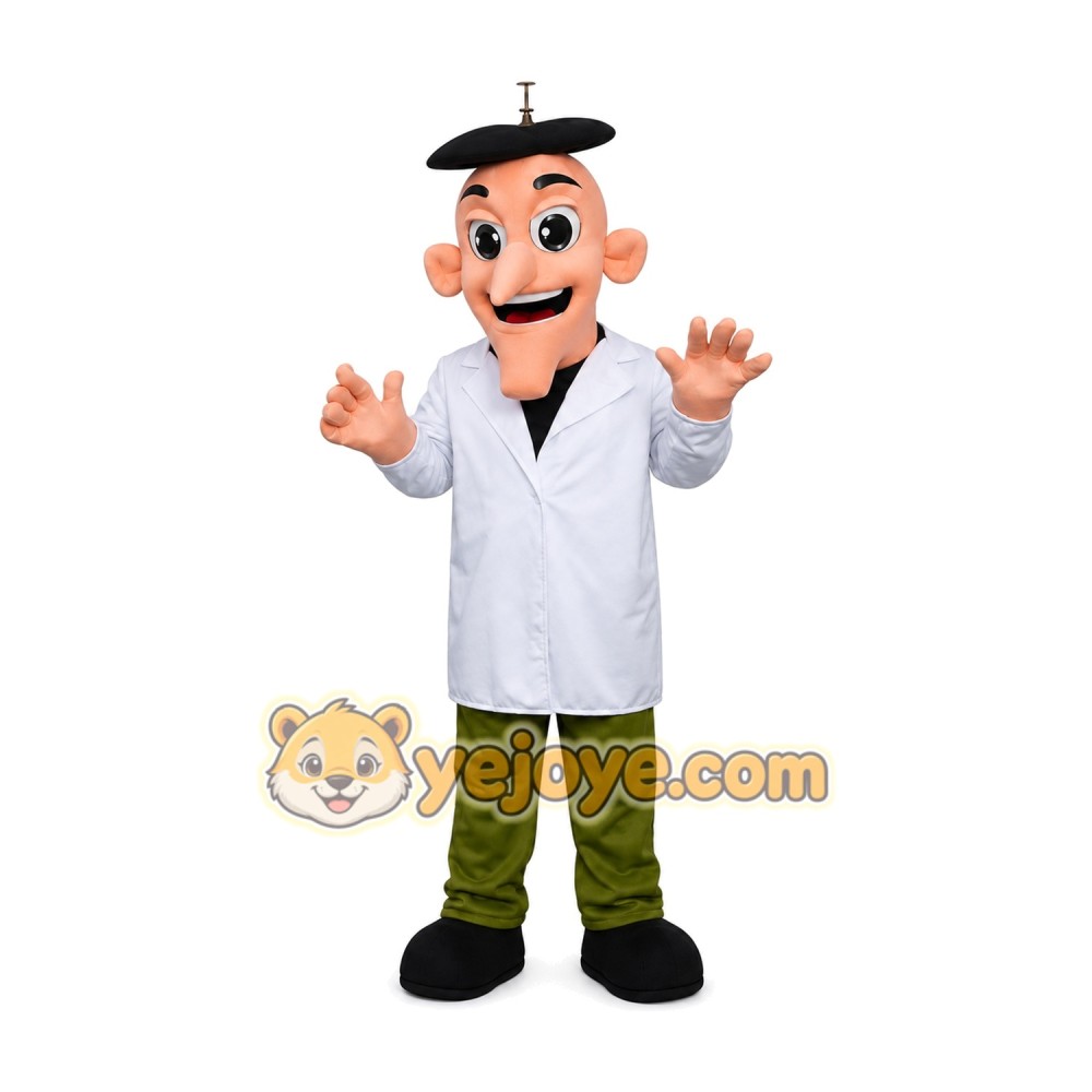 Cartoon Man in White Coat and Black Hat Mascot Costume for Adults Custom Logo Party Character Suit Cartoon Man in White Coat and Black Hat Mascot Costume for Adults Custom Logo Party Character Suit