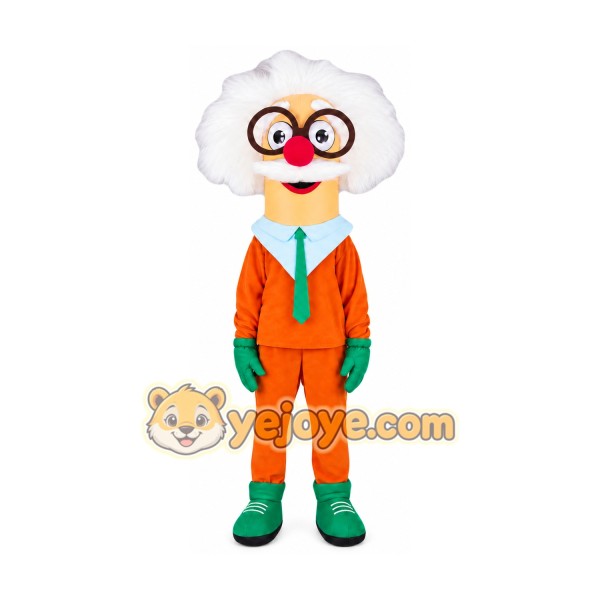 White Haired Character with Glasses Mascot Costume for Adults Custom Logo Party Character Suit