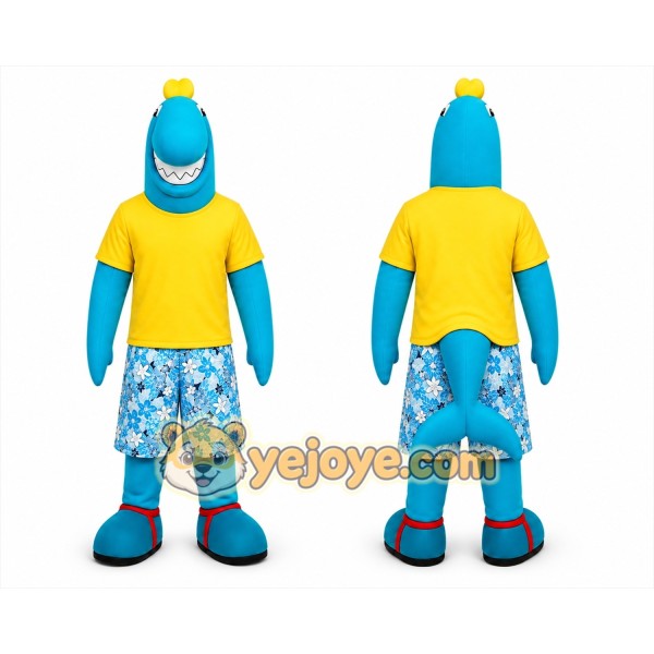 Blue Shark in Yellow Shirt Mascot Costume for Adults Custom Logo Party Character Suit