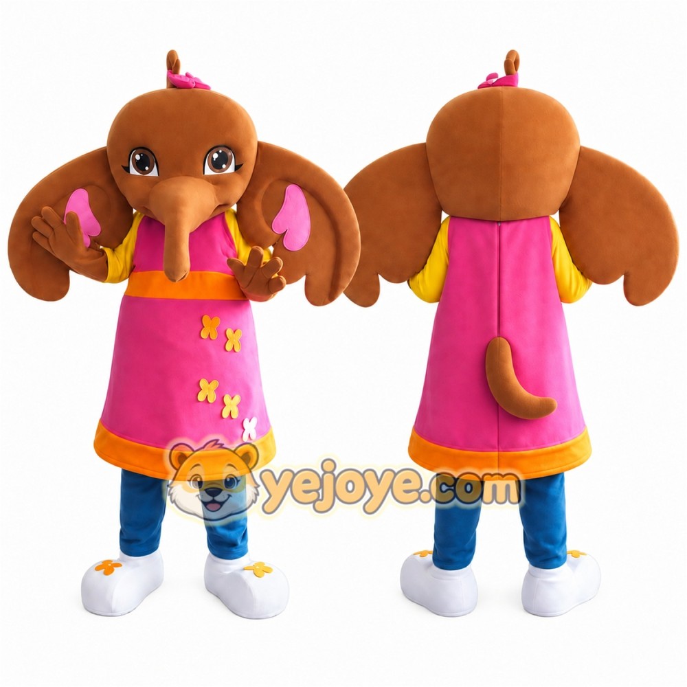 Brown Elephant in Pink Dress Mascot Costume for Adults Custom Logo Party Character Suit Brown Elephant in Pink Dress Mascot Costume for Adults Custom Logo Party Character Suit
