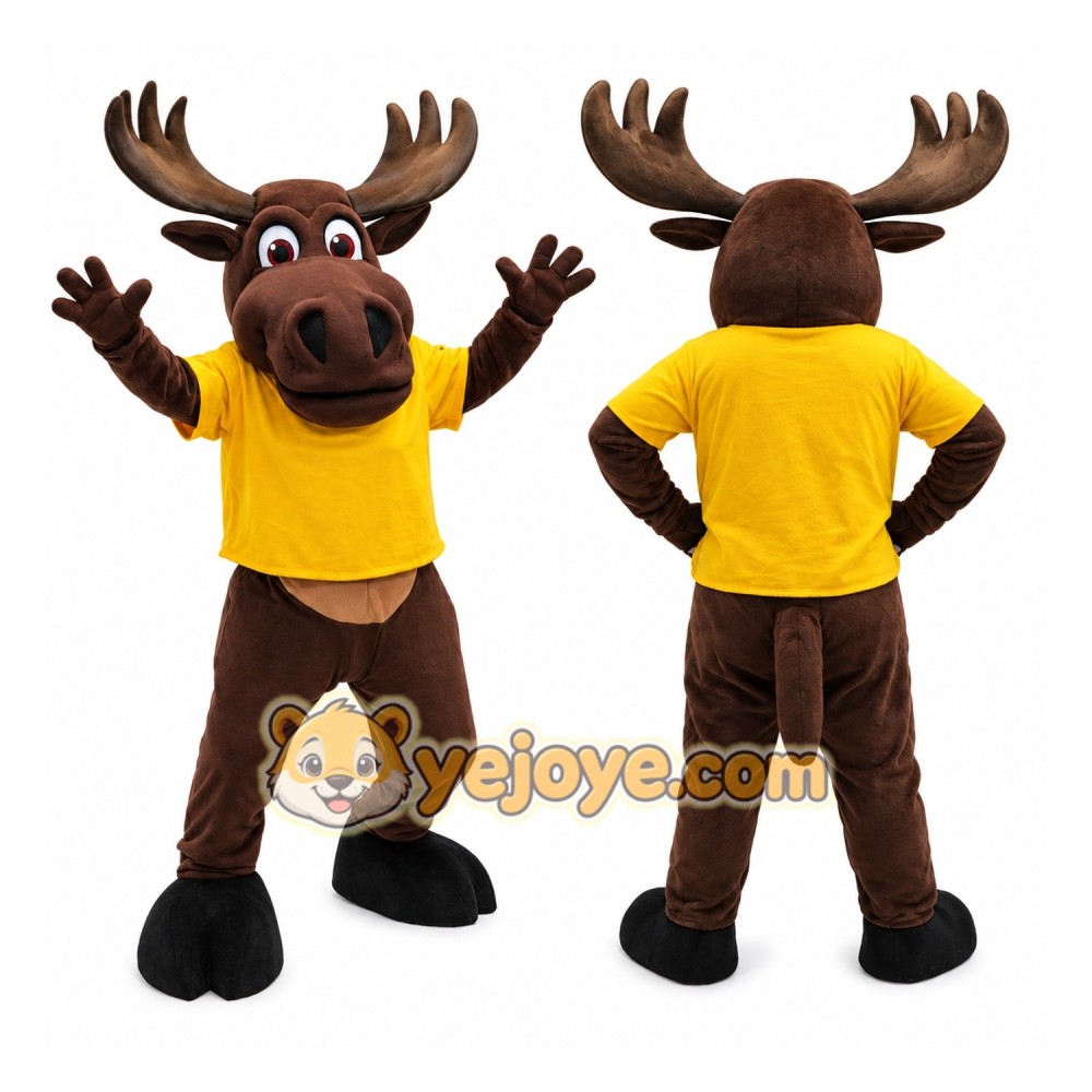 Brown Moose Mascot Costume with Bright Yellow T-Shirt Brown Moose Mascot Costume with Bright Yellow T-Shirt