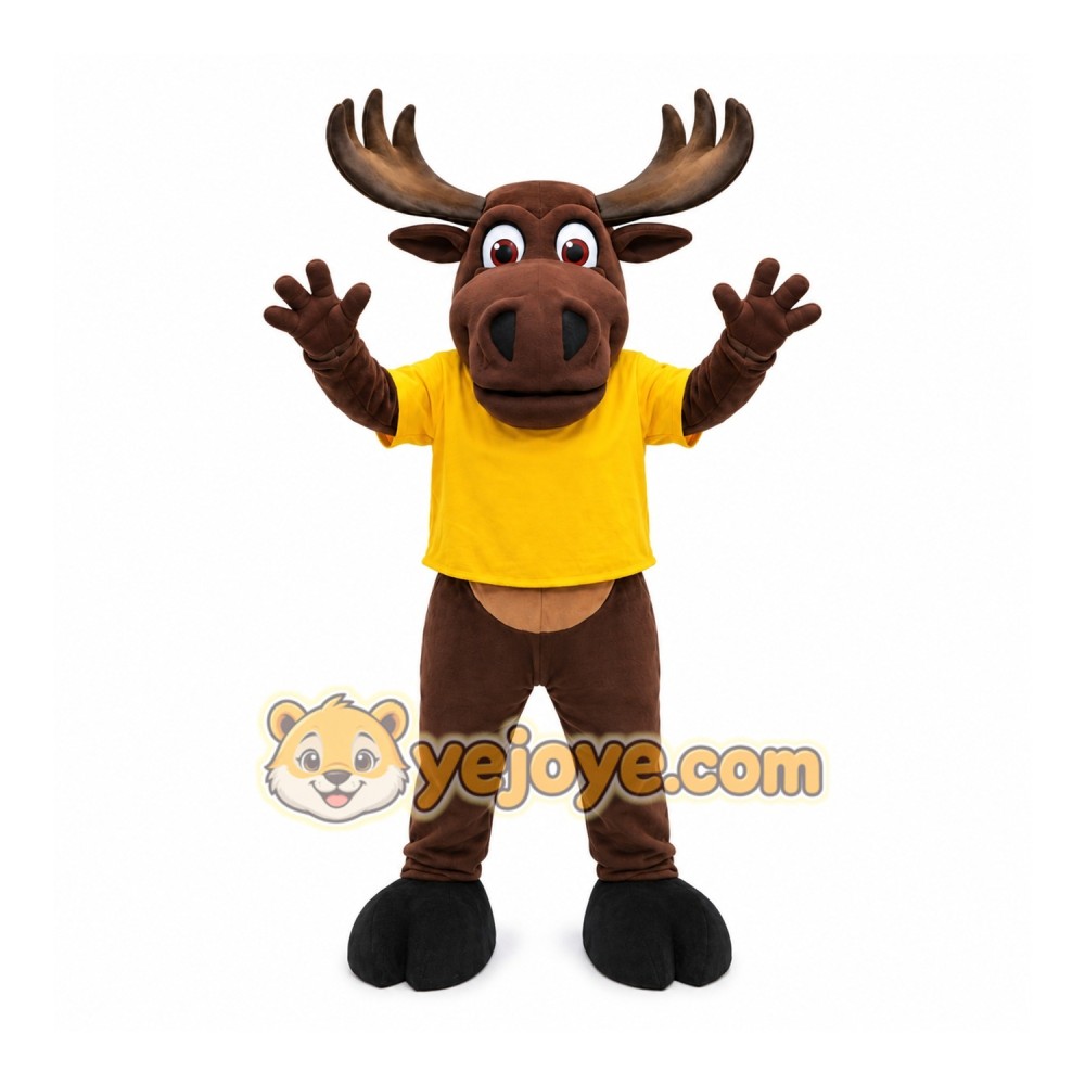 Brown Moose Mascot Costume with Bright Yellow T-Shirt Brown Moose Mascot Costume with Bright Yellow T-Shirt