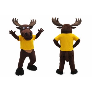 Brown Moose Mascot Costume with Bright Yellow T-Shirt