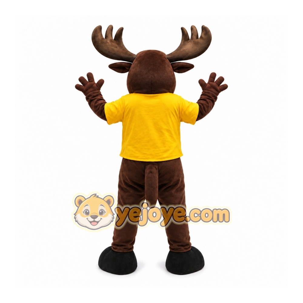 Brown Moose Mascot Costume with Bright Yellow T-Shirt Brown Moose Mascot Costume with Bright Yellow T-Shirt