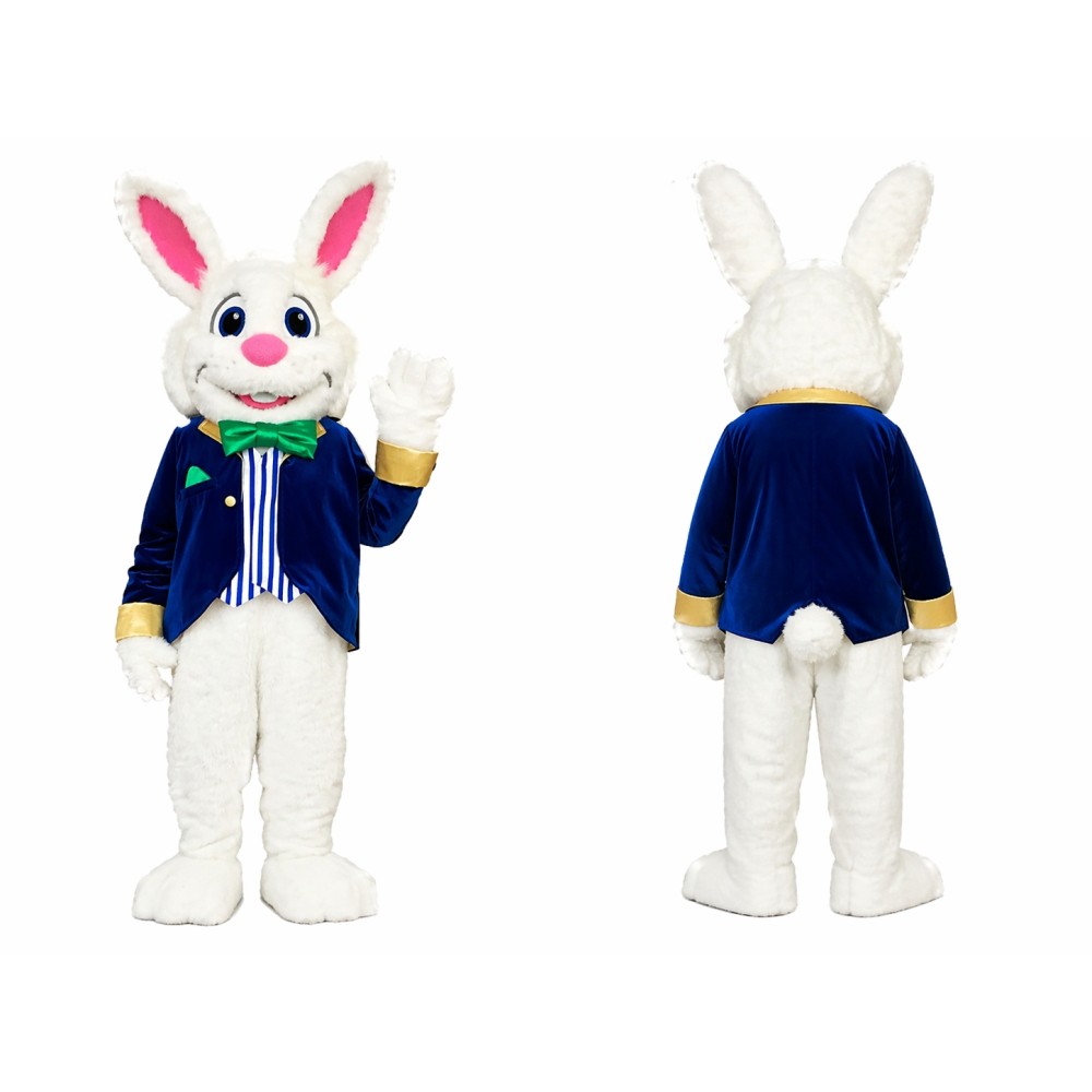 Happy White Easter Bunny Mascot Costume With Blue Suit