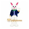 Happy White Easter Bunny Mascot Costume With Blue Suit Happy White Easter Bunny Mascot Costume With Blue Suit