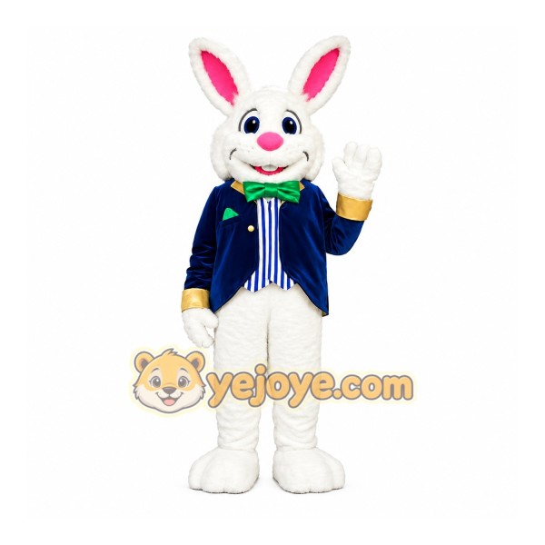Happy White Easter Bunny Mascot Costume With Blue Suit Happy White Easter Bunny Mascot Costume With Blue Suit