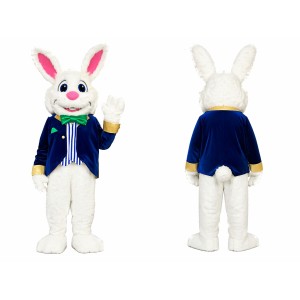 Happy White Easter Bunny Mascot Costume With Blue Suit
