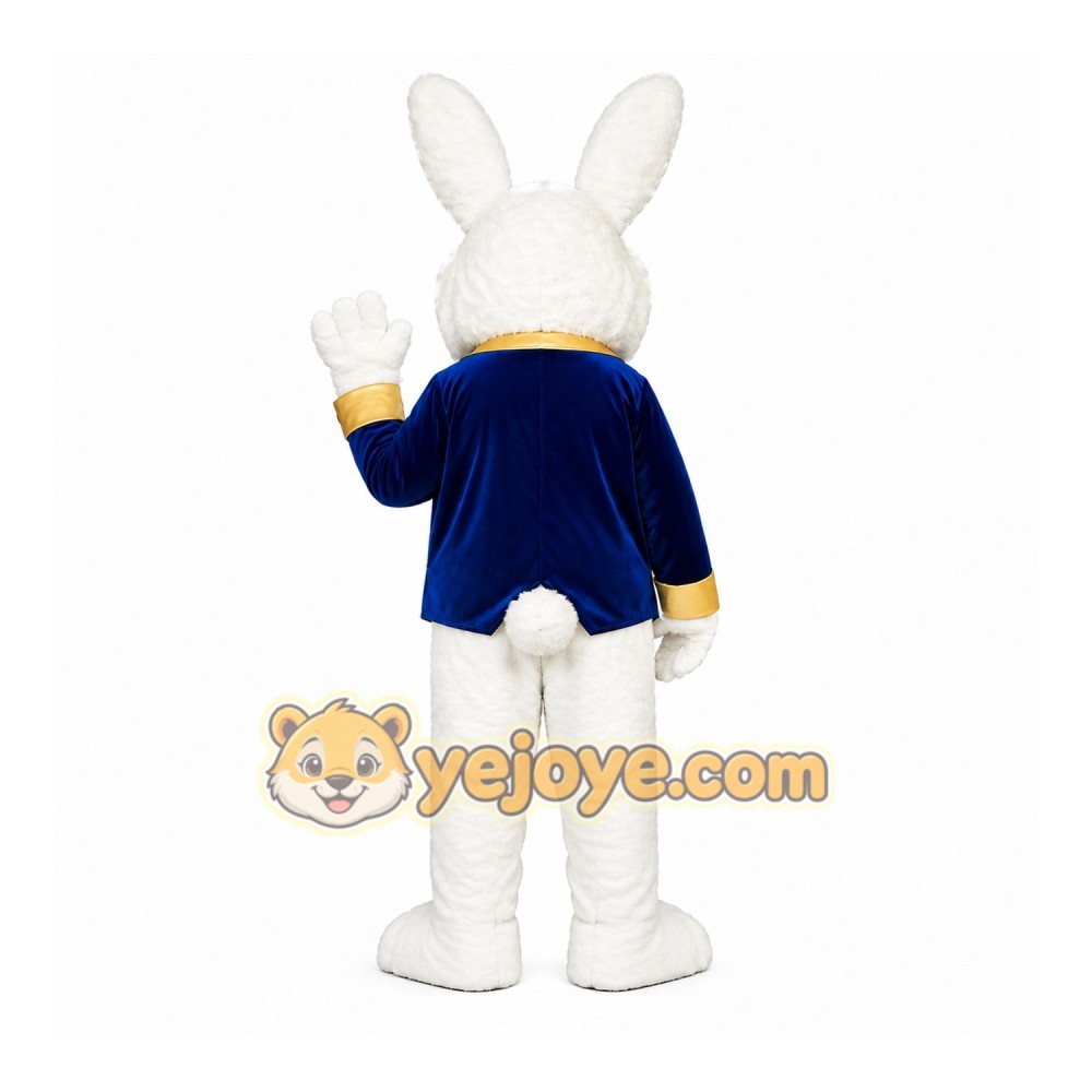 Happy White Easter Bunny Mascot Costume With Blue Suit Happy White Easter Bunny Mascot Costume With Blue Suit