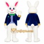 Happy White Easter Bunny Mascot Costume With Blue Suit